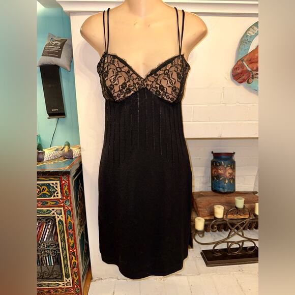 ST. JOHN EVENING BY MARIE GRAY BLACK SLIPDRESS KNIT DRESS W/ LACE BODICE 2 - Picture 2 of 11